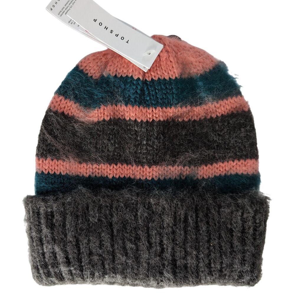 Topshop Fuzzy Knit Beanie Pink Teal Gray Striped Winter Hat